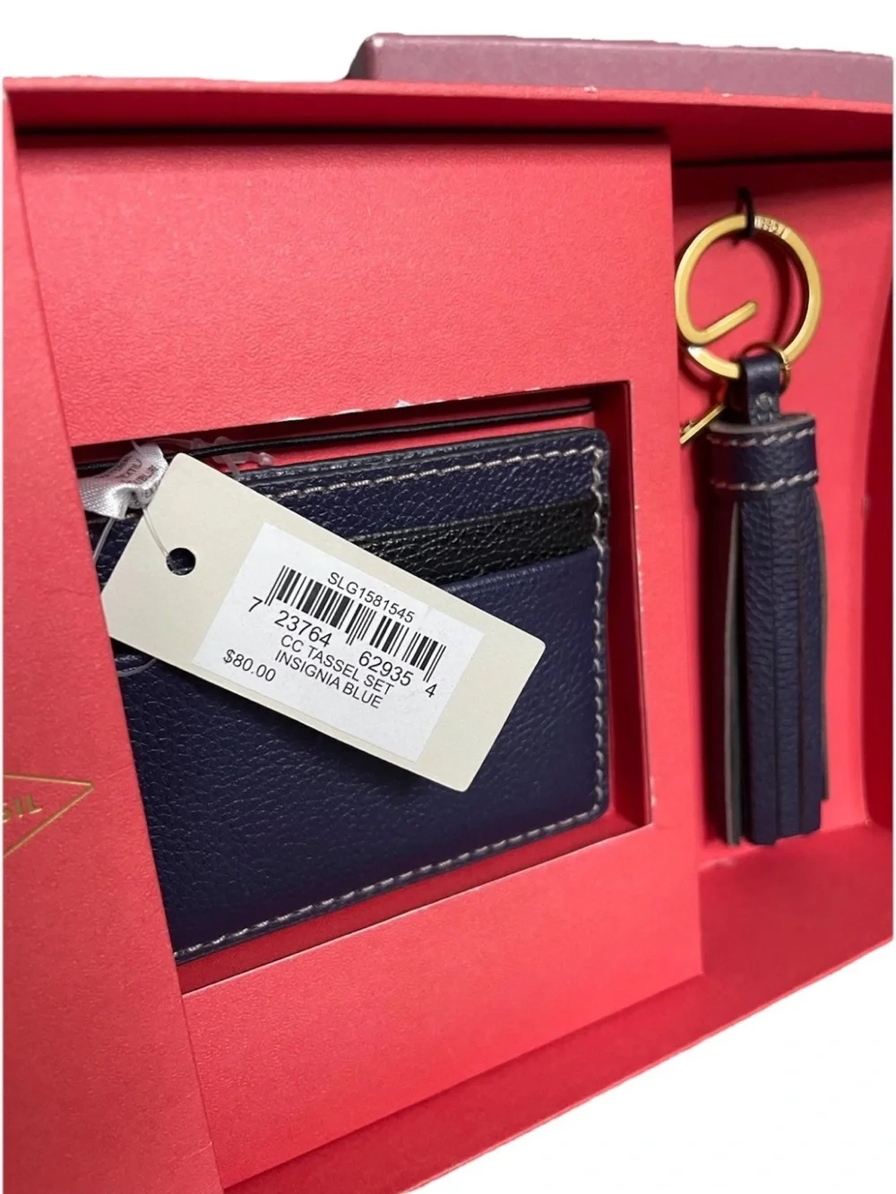 Fossil 2-Piece Card Holder & Tassel Keychain Set Navy & Black Leather $80 New